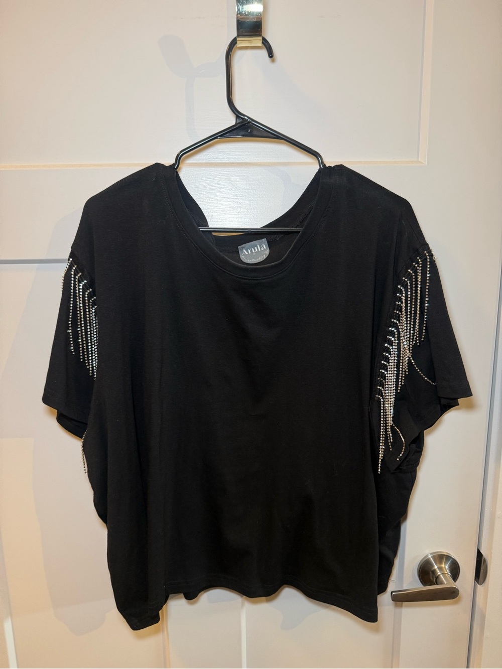 ARULA Black Short Sleeve Tee with Silver Rhinestone Sleeve Fringe